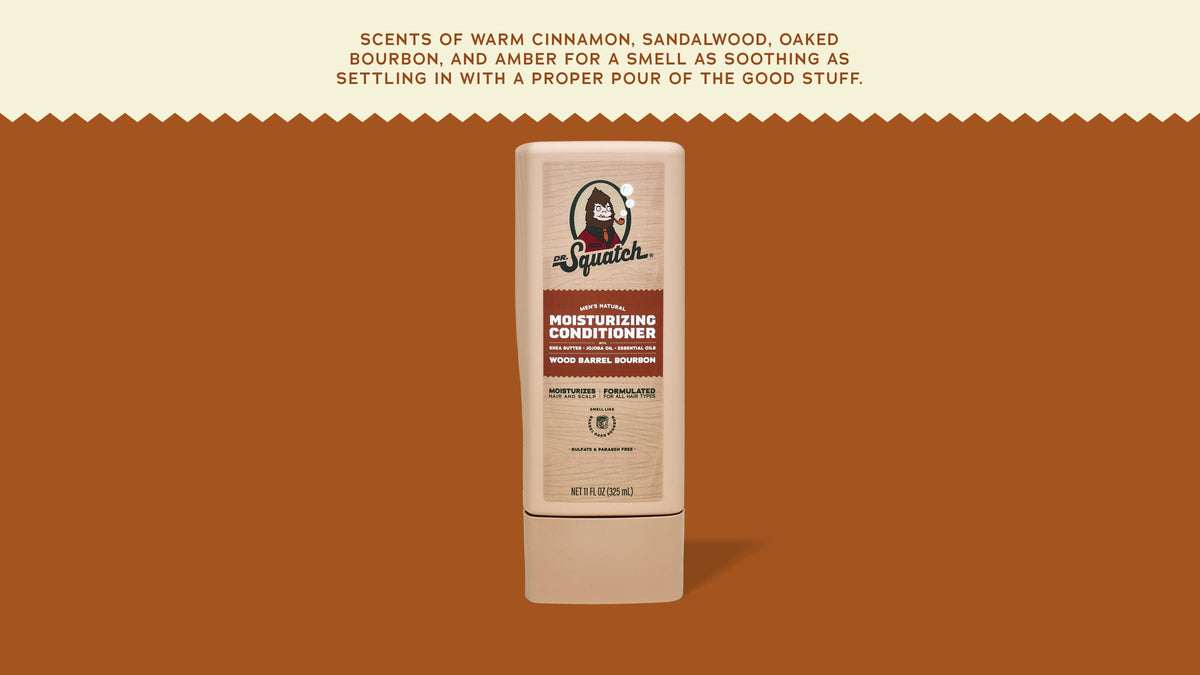 Brand and ingredient story panel for Dr. Squatch Wood Barrel Bourbon Conditioner