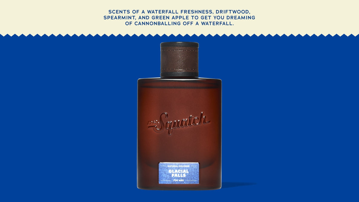 Brand and ingredient story panel for Dr. Squatch Glacial Falls Cologne