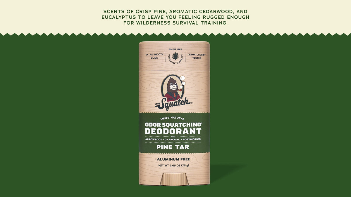 Brand and ingredient story panel for Dr. Squatch Pine Tar Deodorant